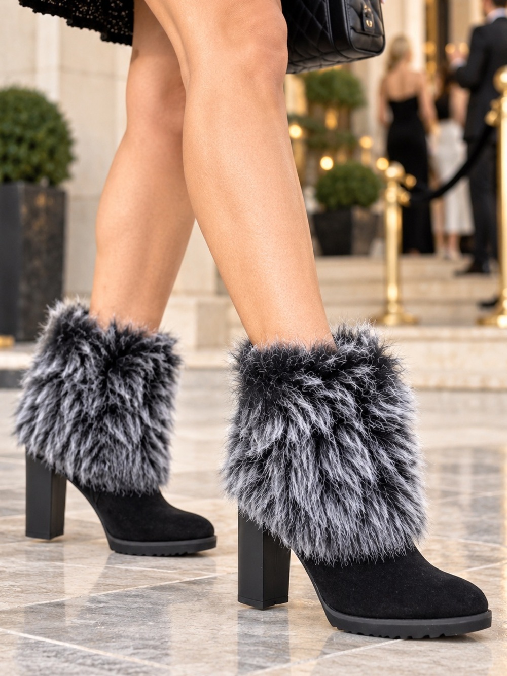 Johnston & Murphy Women’s Faux Fur Ankle Boots Black Gray Chunky Heel Size 8,5